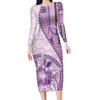 Samoa Siapo Elegant Family Matching Long Sleeve Bodycon Dress and Hawaiian Shirt Hibiscus Violet Motifs - Polynesian Pride