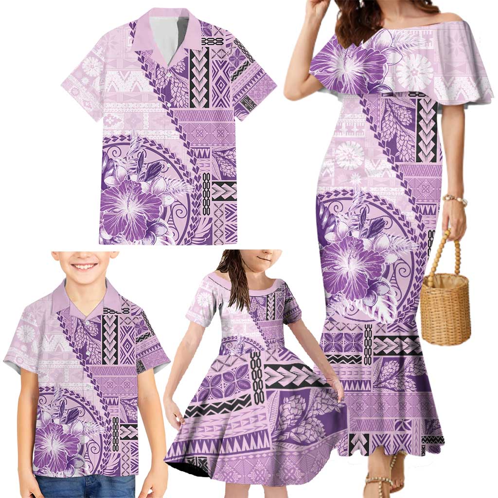 Samoa Siapo Elegant Family Matching Mermaid Dress and Hawaiian Shirt Hibiscus Violet Motifs - Polynesian Pride
