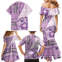 Samoa Siapo Elegant Family Matching Mermaid Dress and Hawaiian Shirt Hibiscus Violet Motifs - Polynesian Pride