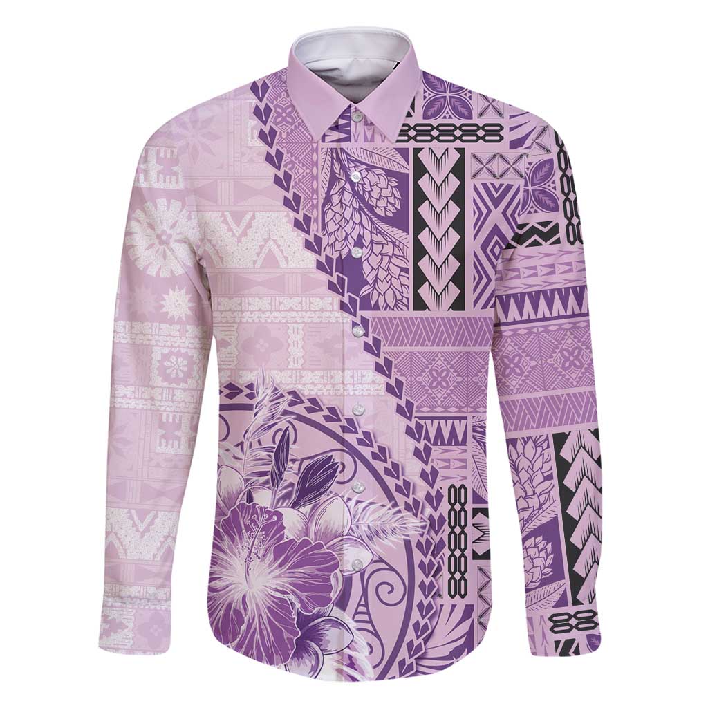 Samoa Siapo Elegant Family Matching Off Shoulder Short Dress and Hawaiian Shirt Hibiscus Violet Motifs - Polynesian Pride