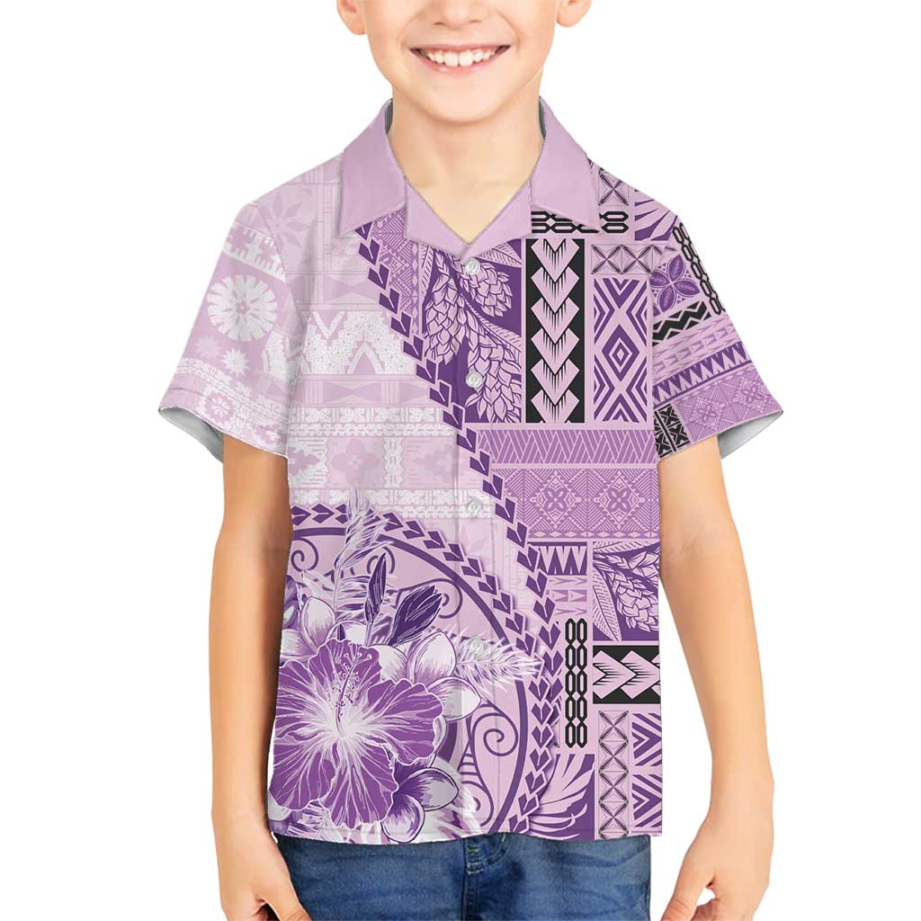 Samoa Siapo Elegant Family Matching Puletasi and Hawaiian Shirt Hibiscus Violet Motifs - Polynesian Pride