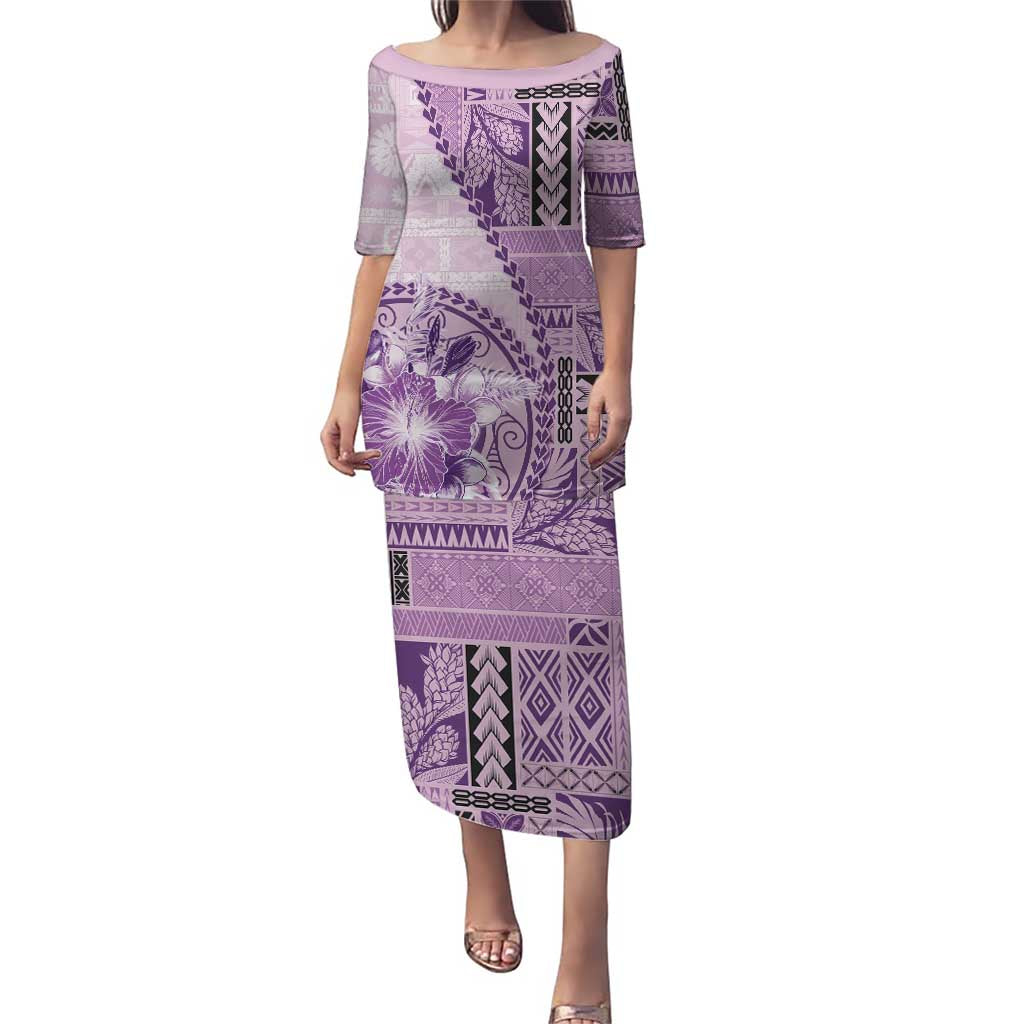 Samoa Siapo Elegant Puletasi Hibiscus Violet Motifs - Polynesian Pride