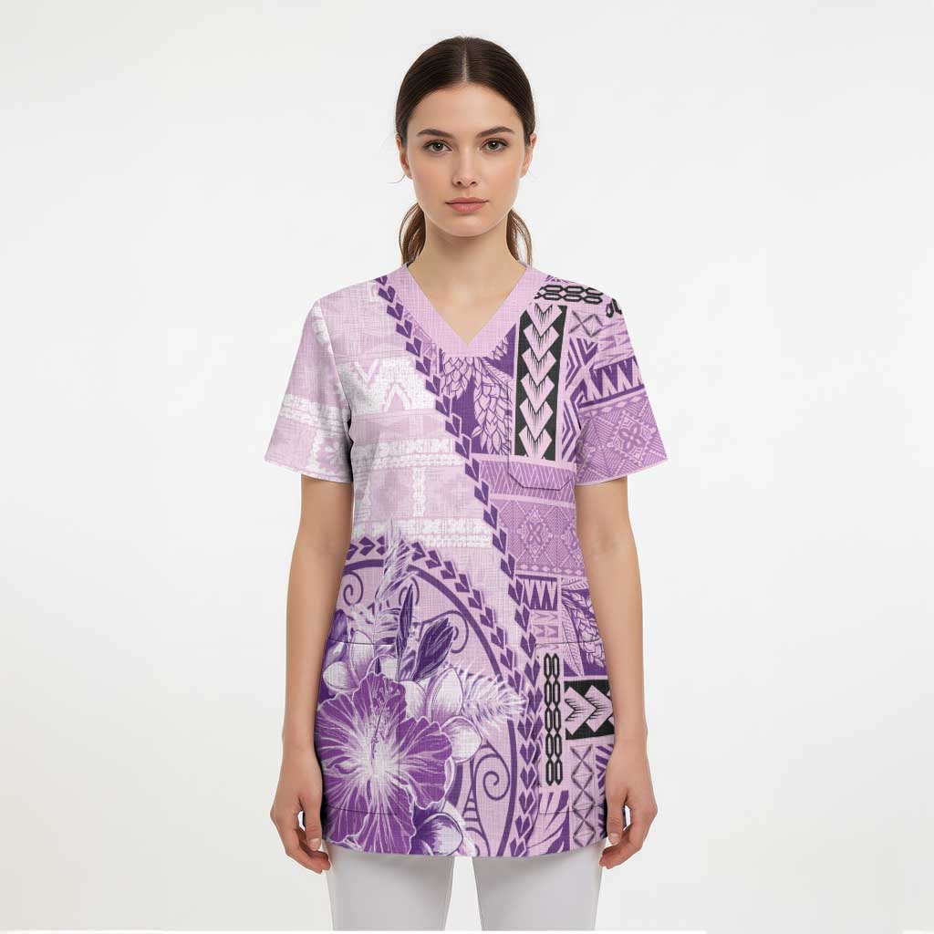 Samoa Siapo Elegant Scrub Top Hibiscus Violet Motifs LT05 - Polynesian Pride
