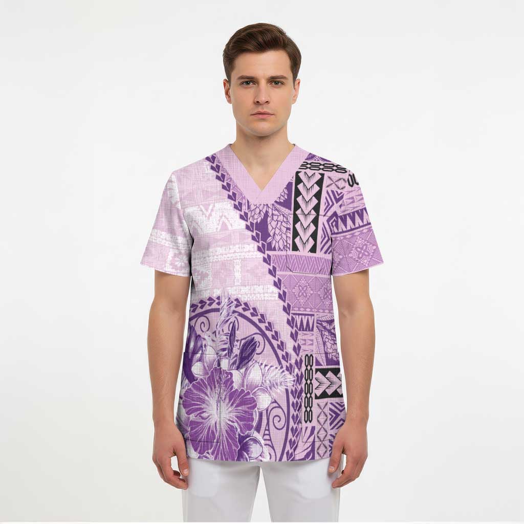 Samoa Siapo Elegant Scrub Top Hibiscus Violet Motifs LT05 - Polynesian Pride
