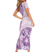 Samoa Siapo Elegant Short Sleeve Bodycon Dress Hibiscus Violet Motifs - Polynesian Pride