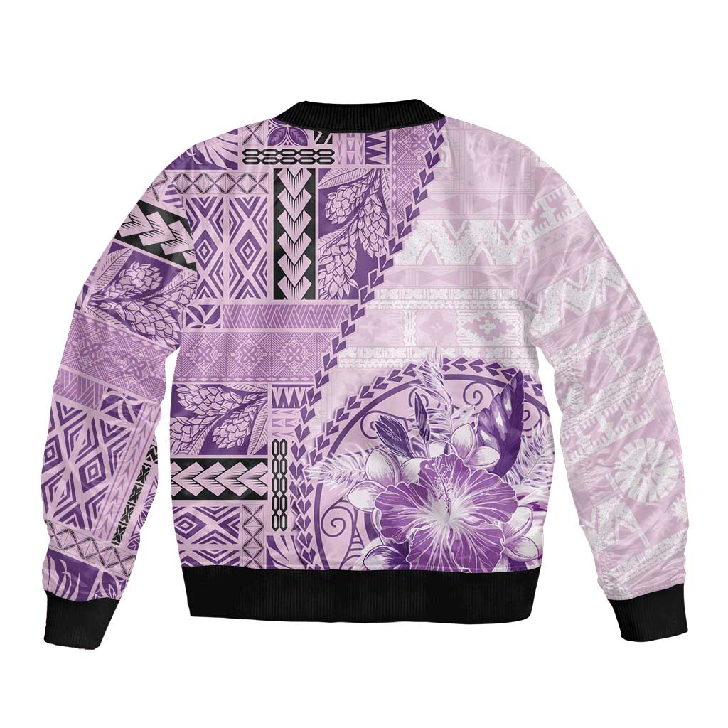 Samoa Siapo Elegant Sleeve Zip Bomber Jacket Hibiscus Violet Motifs - Polynesian Pride