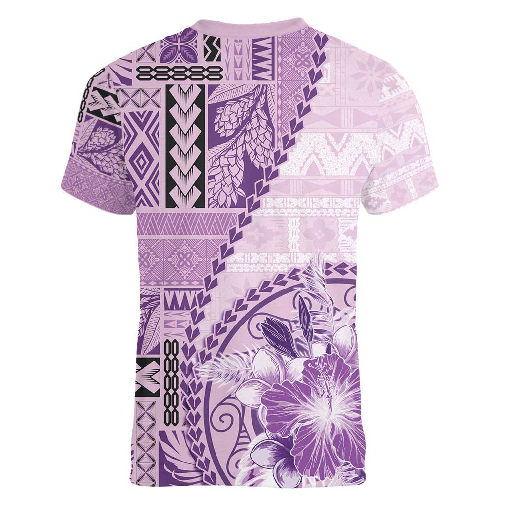 Samoa Siapo Elegant Women V-Neck T-Shirt Hibiscus Violet Motifs - Polynesian Pride