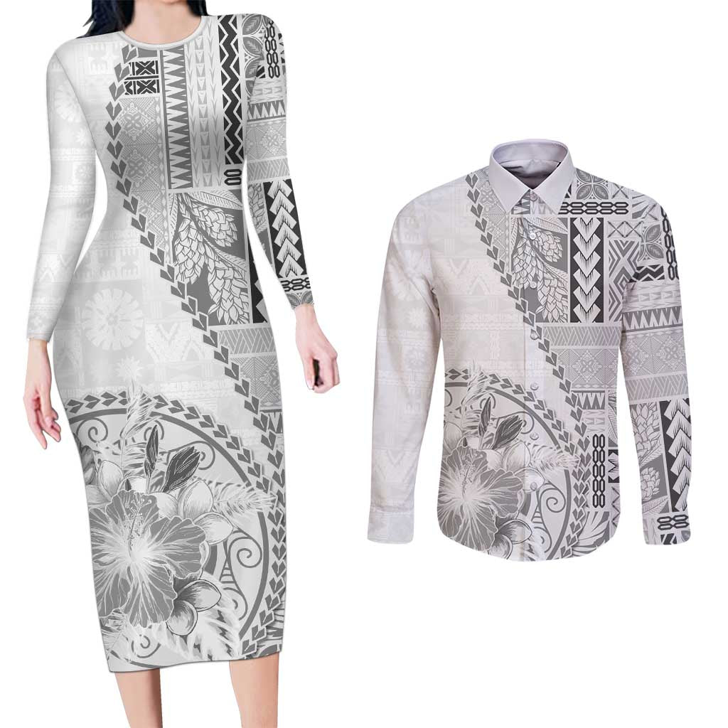 Samoa Siapo Elegant Couples Matching Long Sleeve Bodycon Dress and Long Sleeve Button Shirt Hibiscus White Motifs - Polynesian Pride