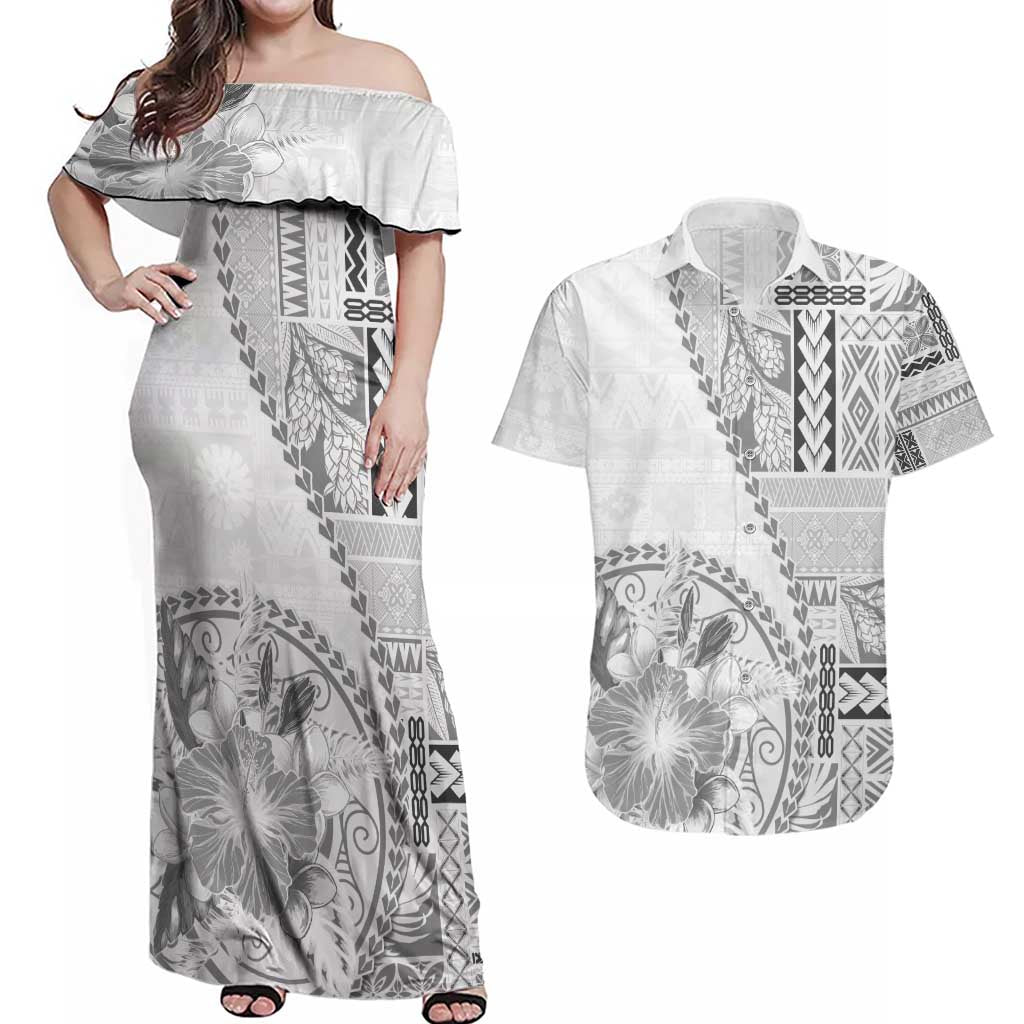Samoa Siapo Elegant Couples Matching Off Shoulder Maxi Dress and Hawaiian Shirt Hibiscus White Motifs - Polynesian Pride