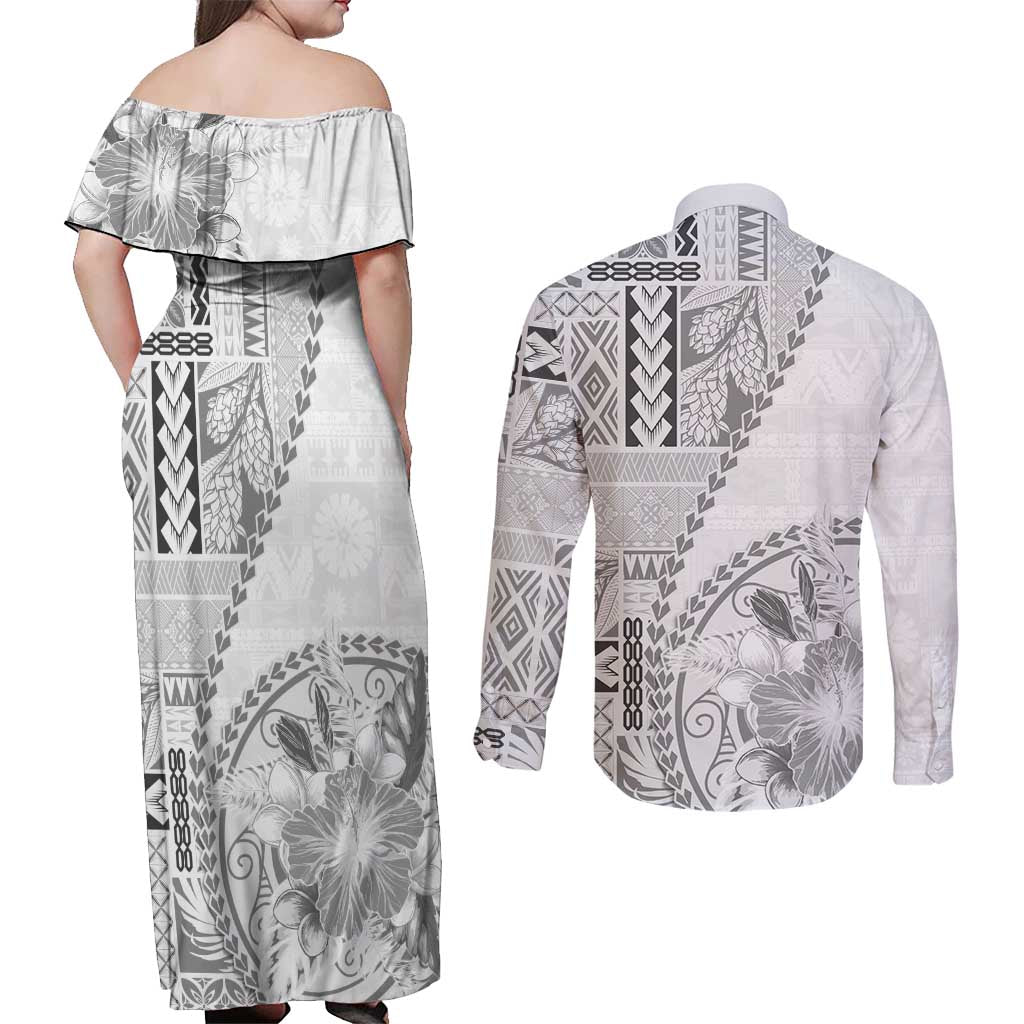 Samoa Siapo Elegant Couples Matching Off Shoulder Maxi Dress and Long Sleeve Button Shirt Hibiscus White Motifs - Polynesian Pride