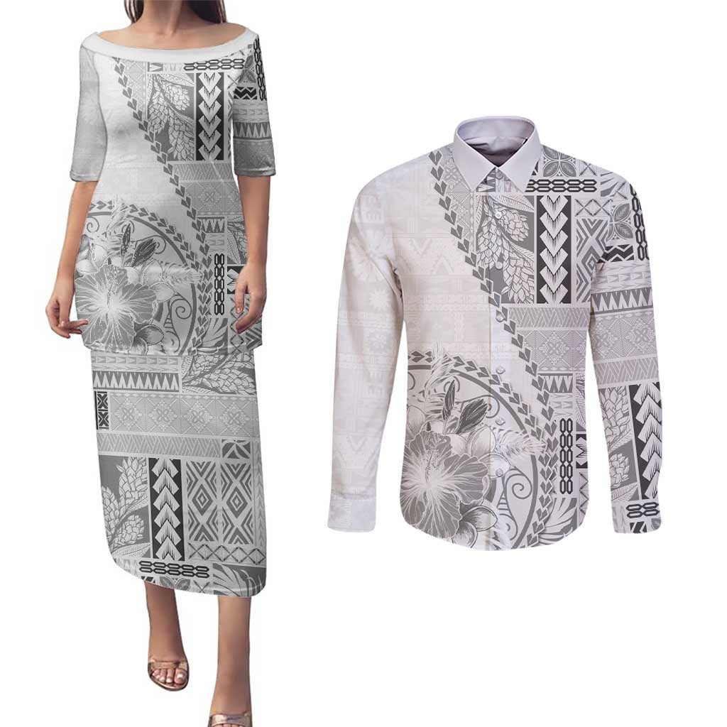 Samoa Siapo Elegant Couples Matching Puletasi and Long Sleeve Button Shirt Hibiscus White Motifs - Polynesian Pride