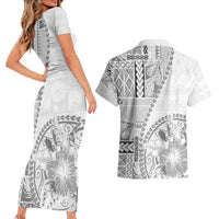 Samoa Siapo Elegant Couples Matching Short Sleeve Bodycon Dress and Hawaiian Shirt Hibiscus White Motifs - Polynesian Pride