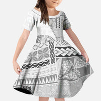 Samoa Siapo Elegant Family Matching Long Sleeve Bodycon Dress and Hawaiian Shirt Hibiscus White Motifs - Polynesian Pride