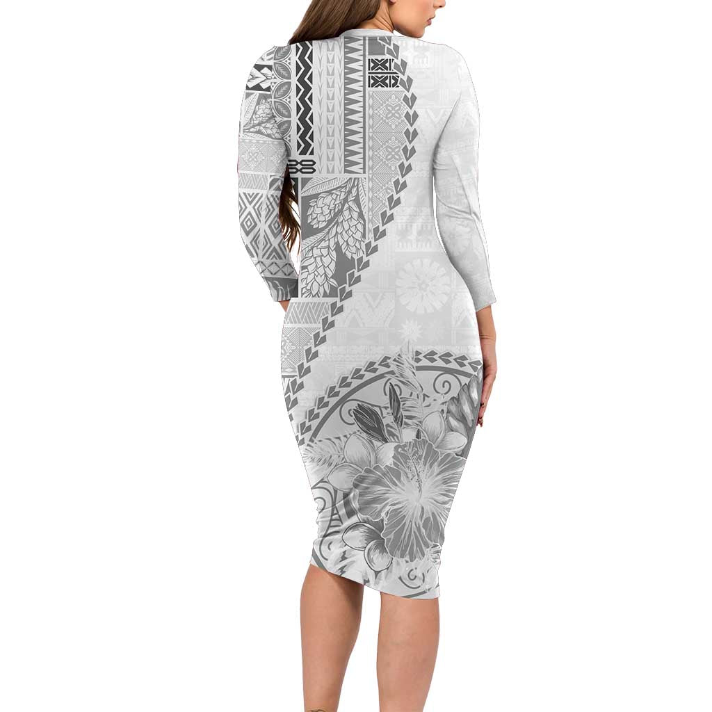 Samoa Siapo Elegant Family Matching Long Sleeve Bodycon Dress and Hawaiian Shirt Hibiscus White Motifs - Polynesian Pride