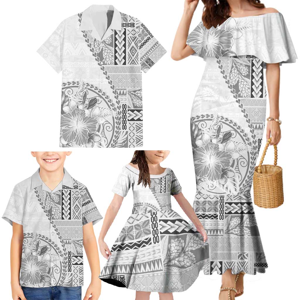 Samoa Siapo Elegant Family Matching Mermaid Dress and Hawaiian Shirt Hibiscus White Motifs - Polynesian Pride