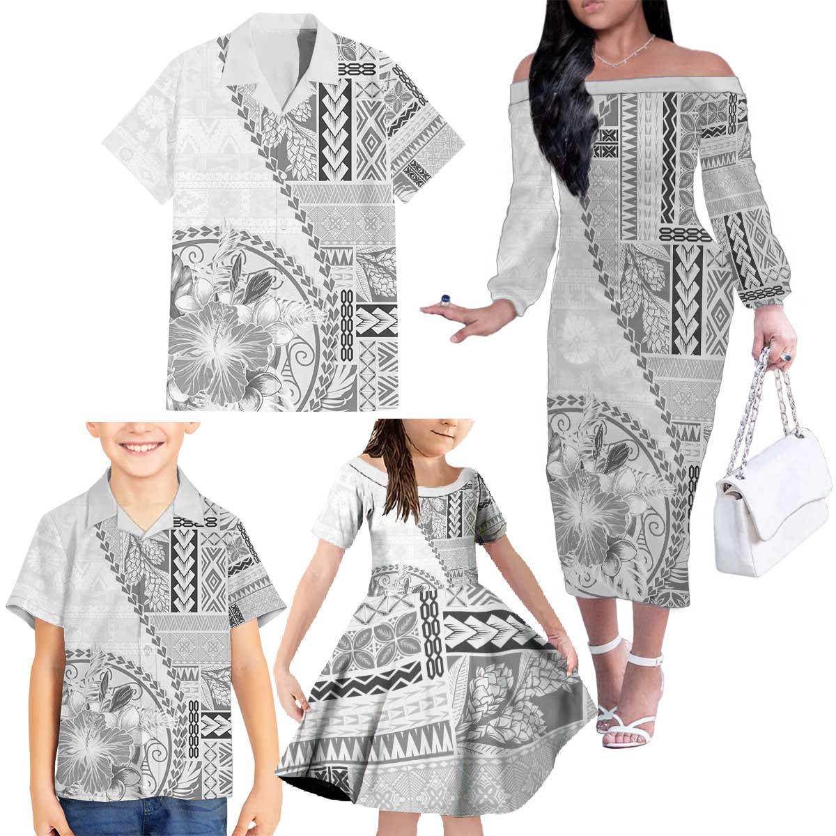 Samoa Siapo Elegant Family Matching Off The Shoulder Long Sleeve Dress and Hawaiian Shirt Hibiscus White Motifs - Polynesian Pride