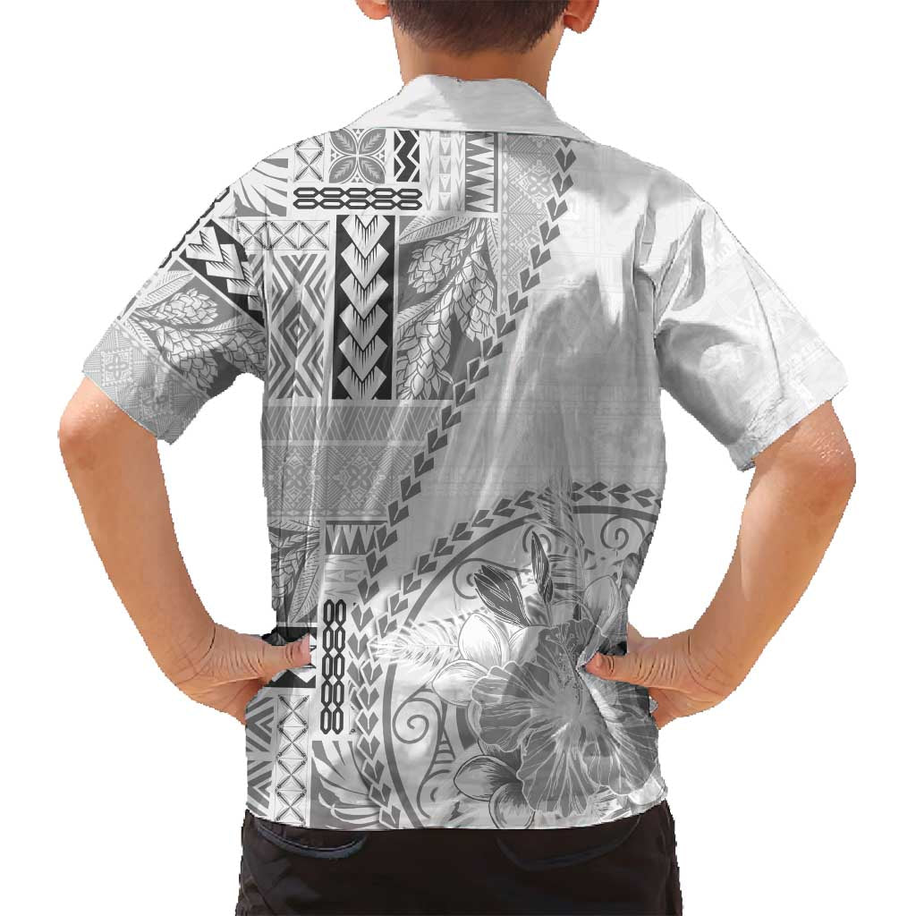 Samoa Siapo Elegant Family Matching Off Shoulder Short Dress and Hawaiian Shirt Hibiscus White Motifs - Polynesian Pride