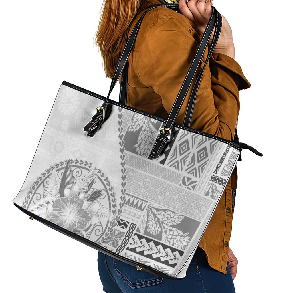 Samoa Siapo Elegant Leather Tote Bag Hibiscus White Motifs - Polynesian Pride