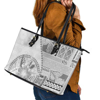 Samoa Siapo Elegant Leather Tote Bag Hibiscus White Motifs - Polynesian Pride