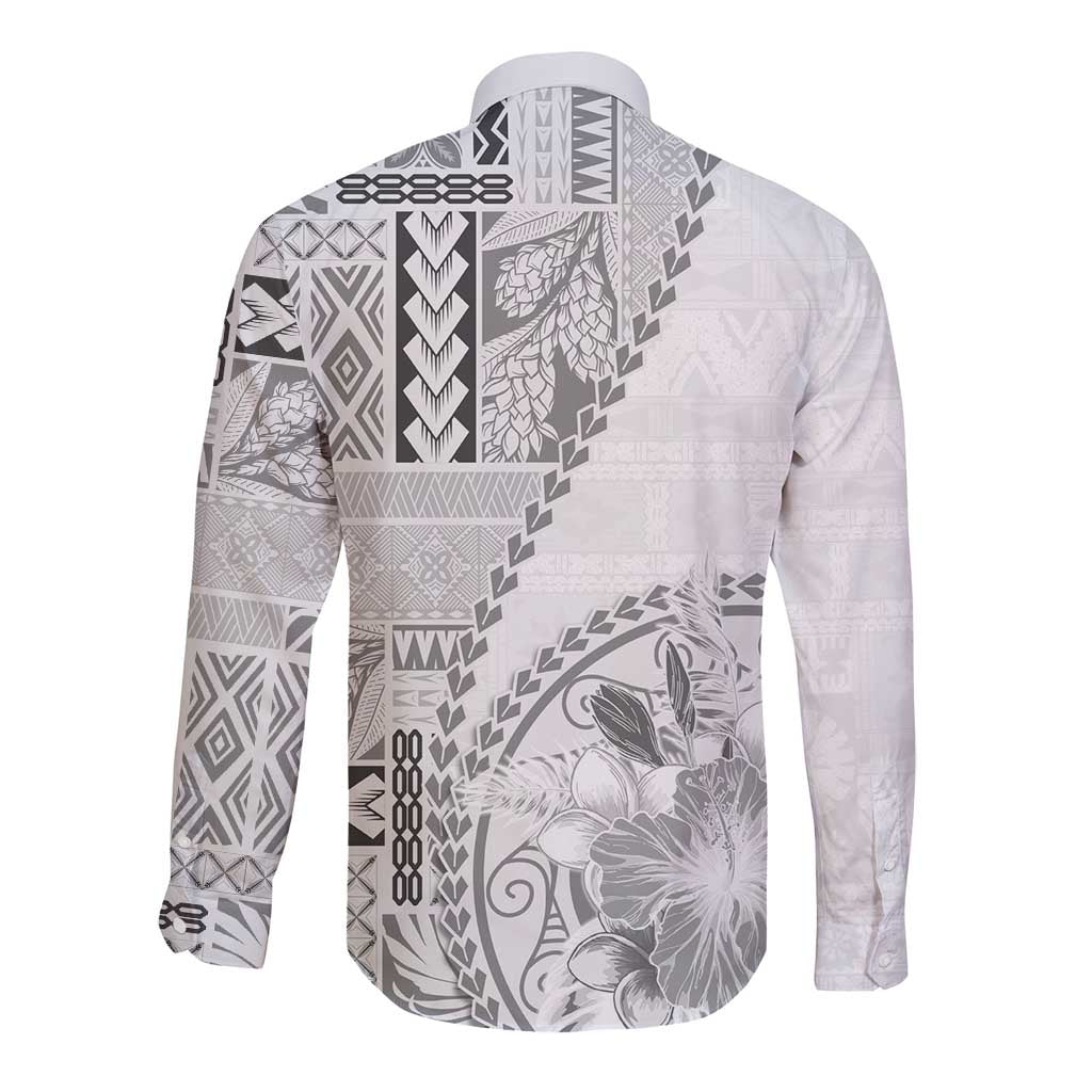 Samoa Siapo Elegant Long Sleeve Button Shirt Hibiscus White Motifs - Polynesian Pride