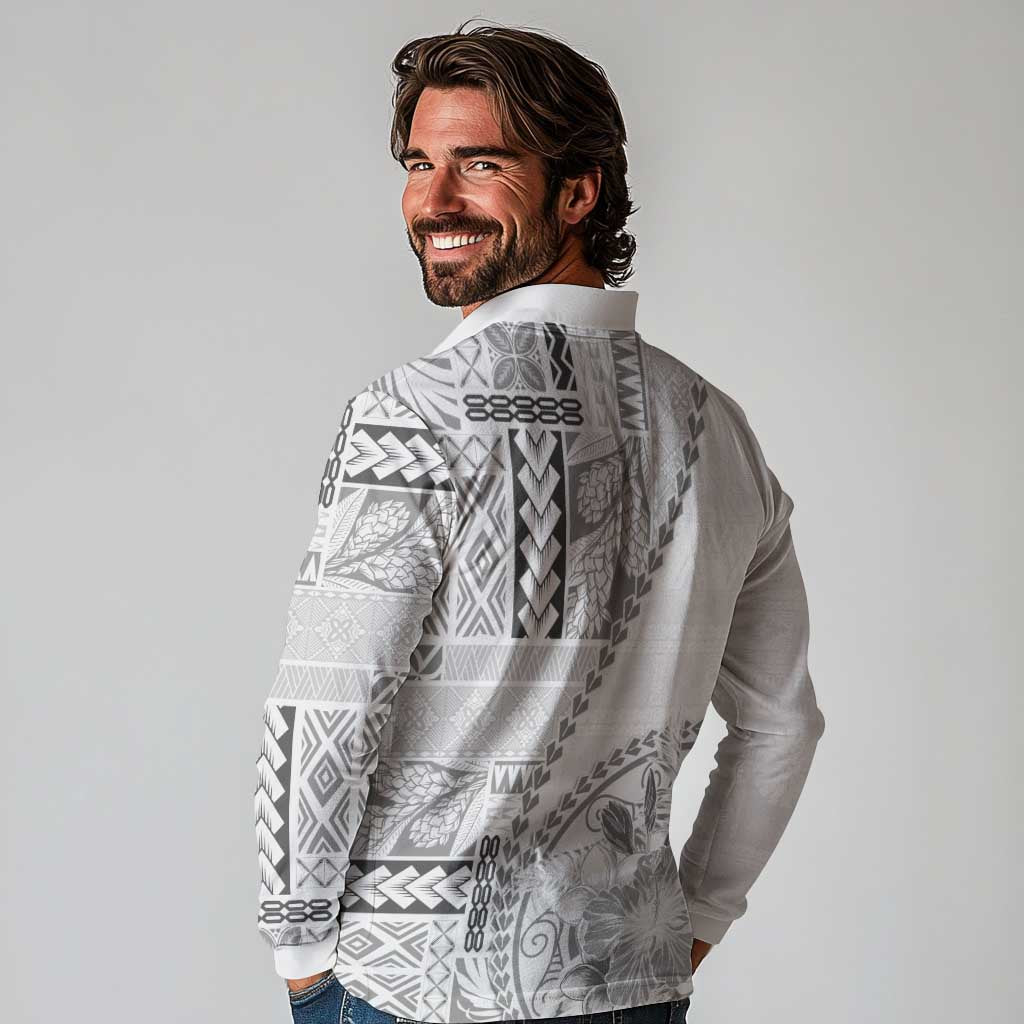 Samoa Siapo Elegant Long Sleeve Polo Shirt Hibiscus White Motifs - Polynesian Pride