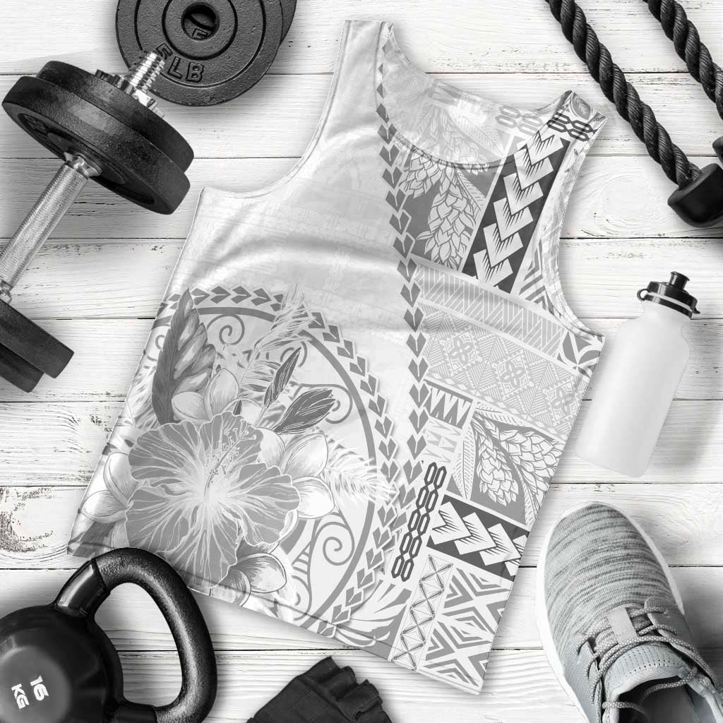 Samoa Siapo Elegant Men Tank Top Hibiscus White Motifs - Polynesian Pride