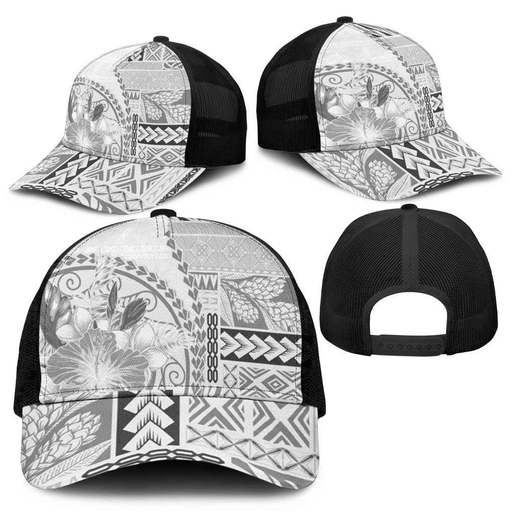 Samoa Siapo Elegant Mesh Trucker Cap Hibiscus White Motifs - Polynesian Pride