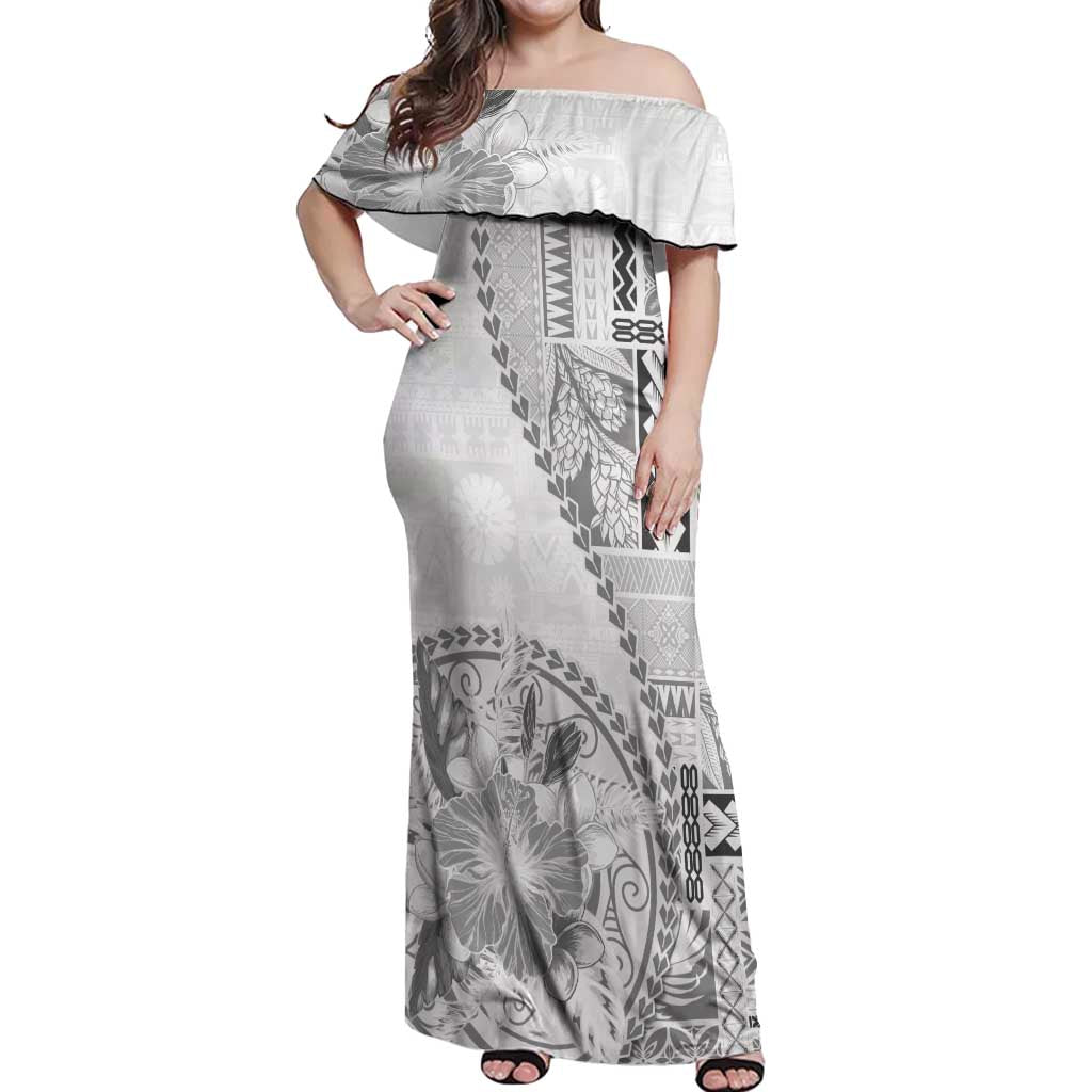 Samoa Siapo Elegant Off Shoulder Maxi Dress Hibiscus White Motifs - Polynesian Pride