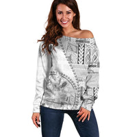 Samoa Siapo Elegant Off Shoulder Sweater Hibiscus White Motifs - Polynesian Pride