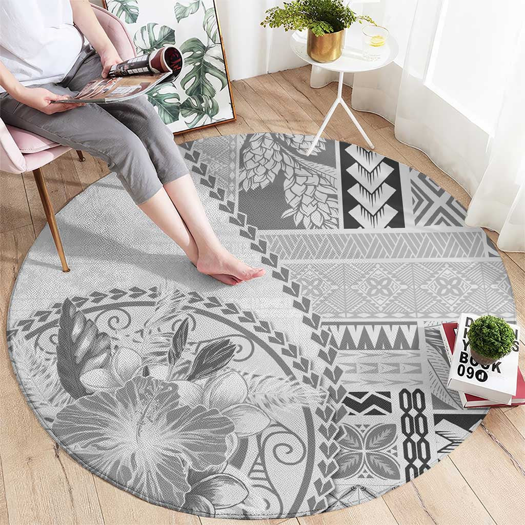 Samoa Siapo Elegant Round Carpet Hibiscus White Motifs - Polynesian Pride
