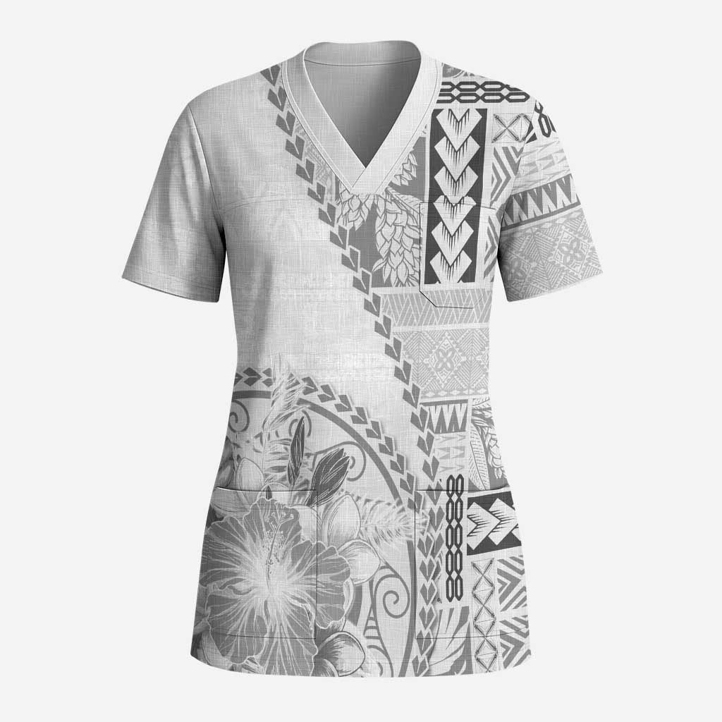 Samoa Siapo Elegant Scrub Top Hibiscus White Motifs LT05 Adult White - Polynesian Pride