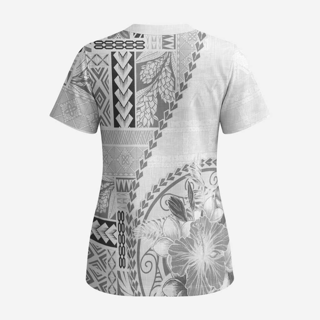 Samoa Siapo Elegant Scrub Top Hibiscus White Motifs LT05 - Polynesian Pride