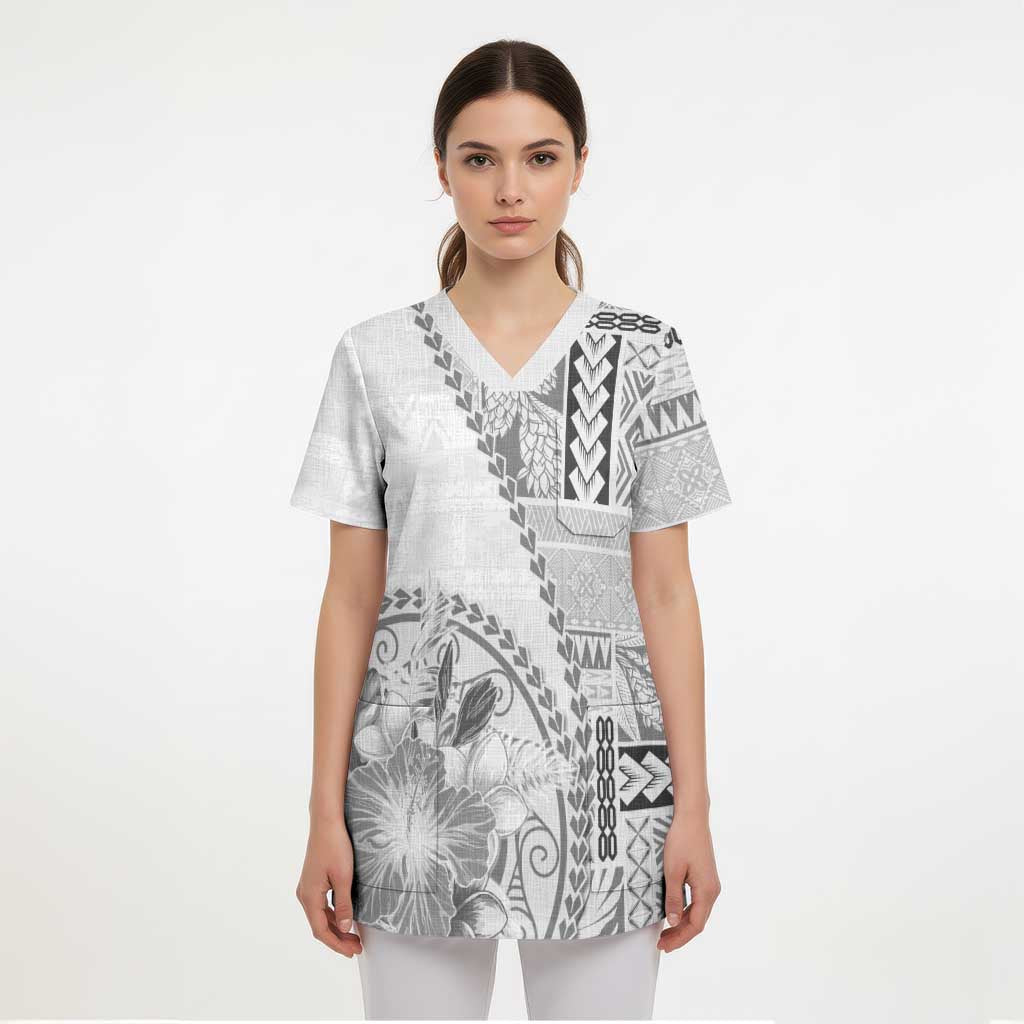 Samoa Siapo Elegant Scrub Top Hibiscus White Motifs LT05 - Polynesian Pride