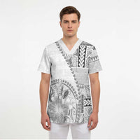 Samoa Siapo Elegant Scrub Top Hibiscus White Motifs LT05 - Polynesian Pride