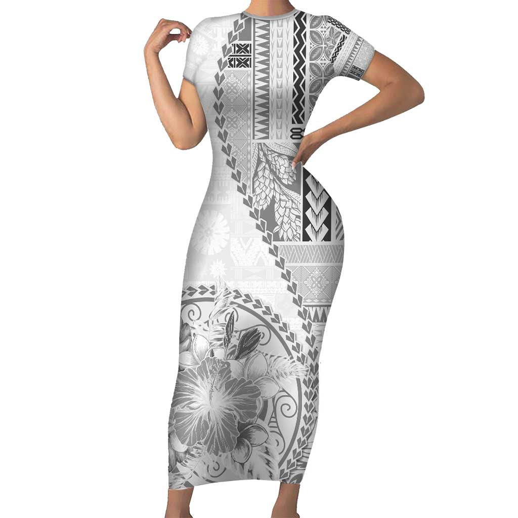 Samoa Siapo Elegant Short Sleeve Bodycon Dress Hibiscus White Motifs - Polynesian Pride