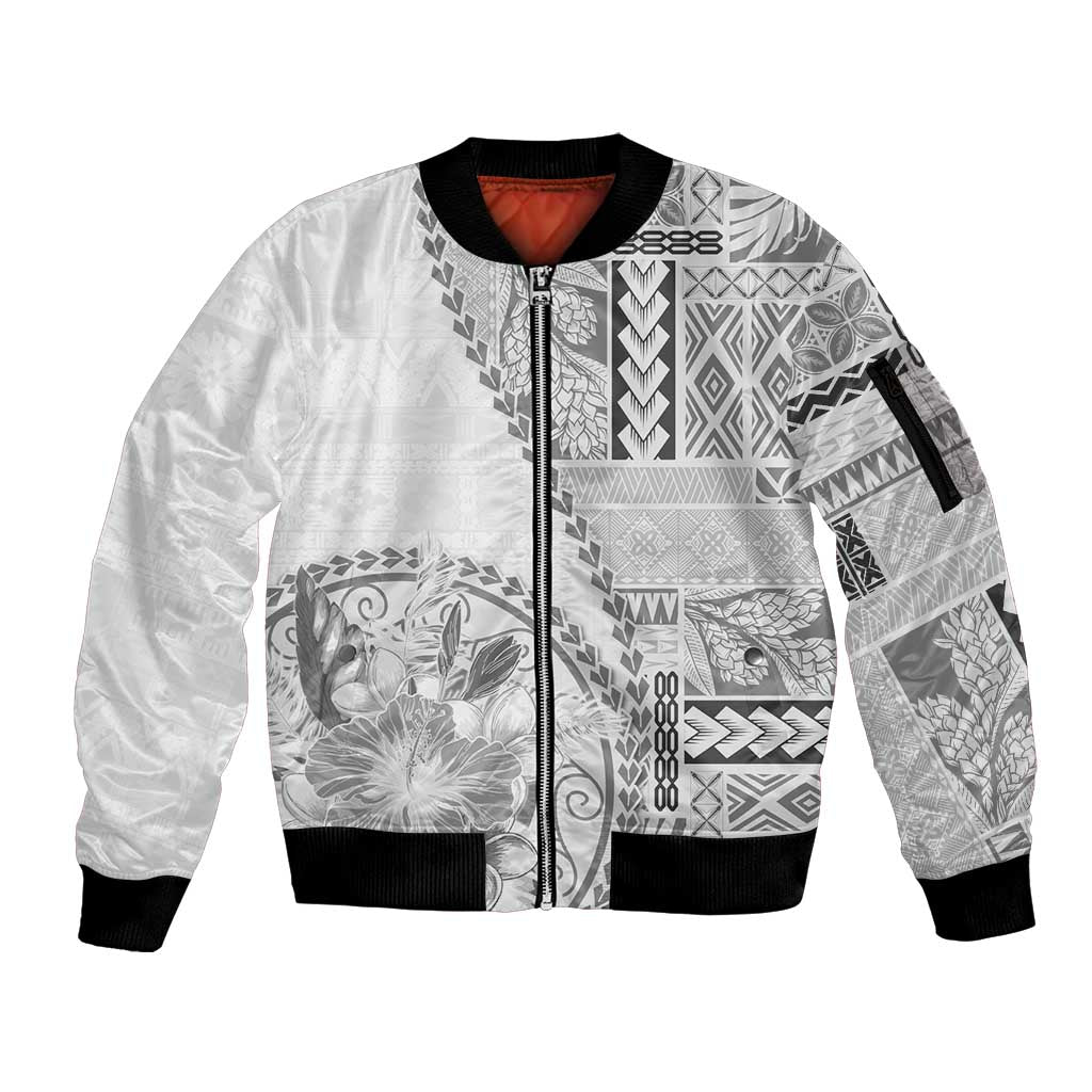 Samoa Siapo Elegant Sleeve Zip Bomber Jacket Hibiscus White Motifs - Polynesian Pride