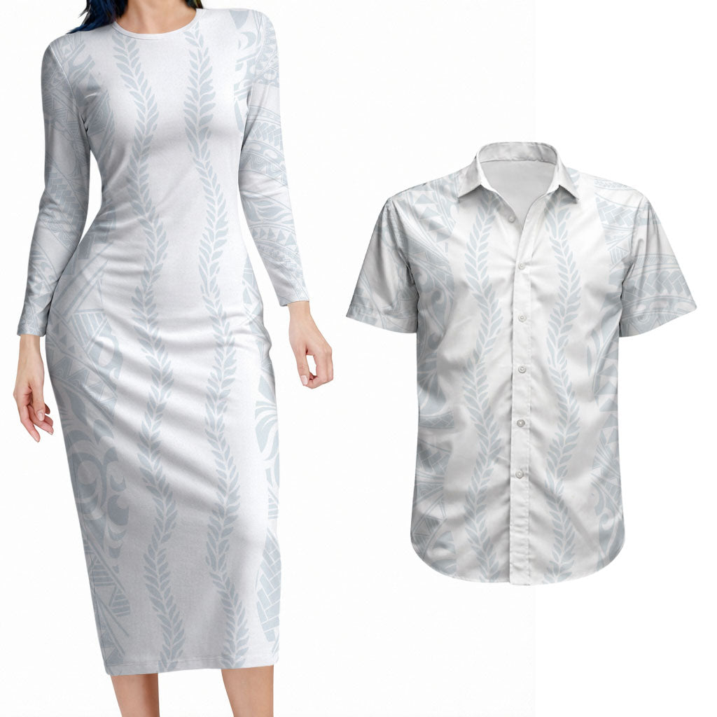 Samoa Lotu Tamaiti Couples Matching Long Sleeve Bodycon Dress and Hawaiian Shirt Teuila With Tribal Motifs LT05 White - Polynesian Pride