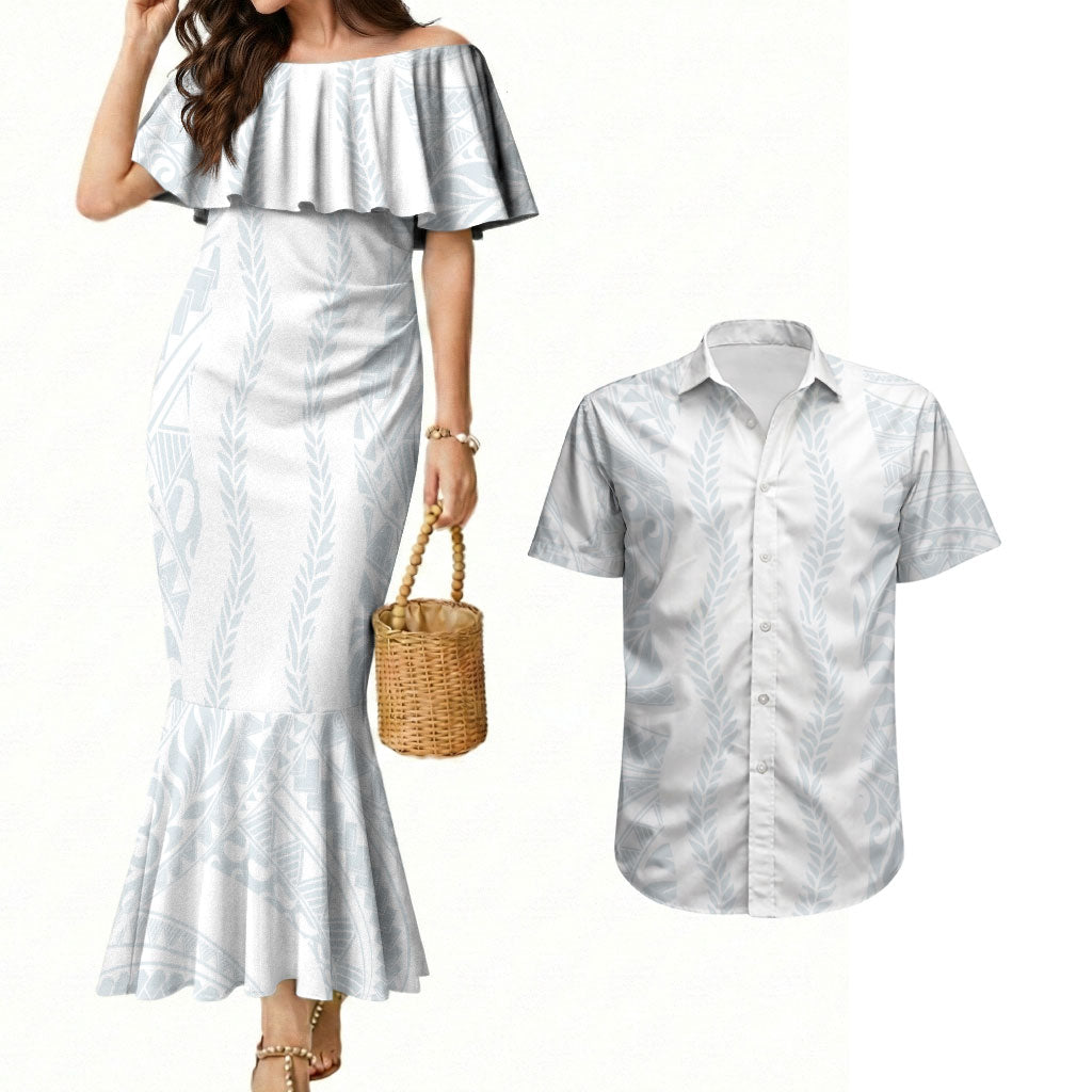 Samoa Lotu Tamaiti Couples Matching Mermaid Dress and Hawaiian Shirt Teuila With Tribal Motifs LT05 White - Polynesian Pride