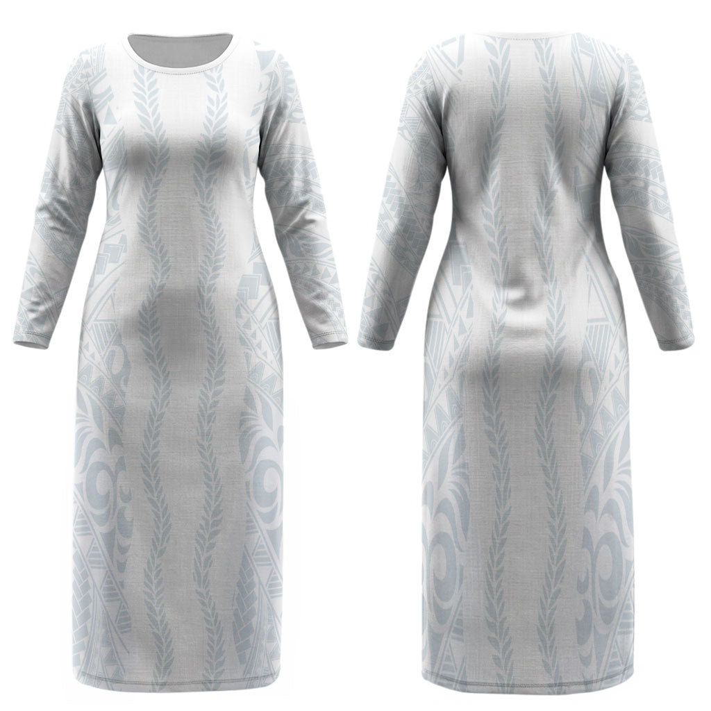 Samoa Lotu Tamaiti Family Matching Long Sleeve Bodycon Dress and Hawaiian Shirt Teuila With Tribal Motifs LT05 Mom's Dress White - Polynesian Pride