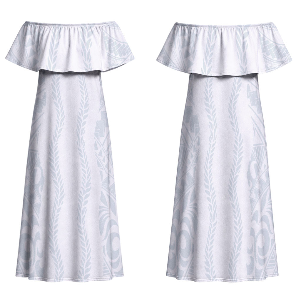 Samoa Lotu Tamaiti Family Matching Off Shoulder Maxi Dress and Hawaiian Shirt Teuila With Tribal Motifs LT05 Mom's Dress White - Polynesian Pride