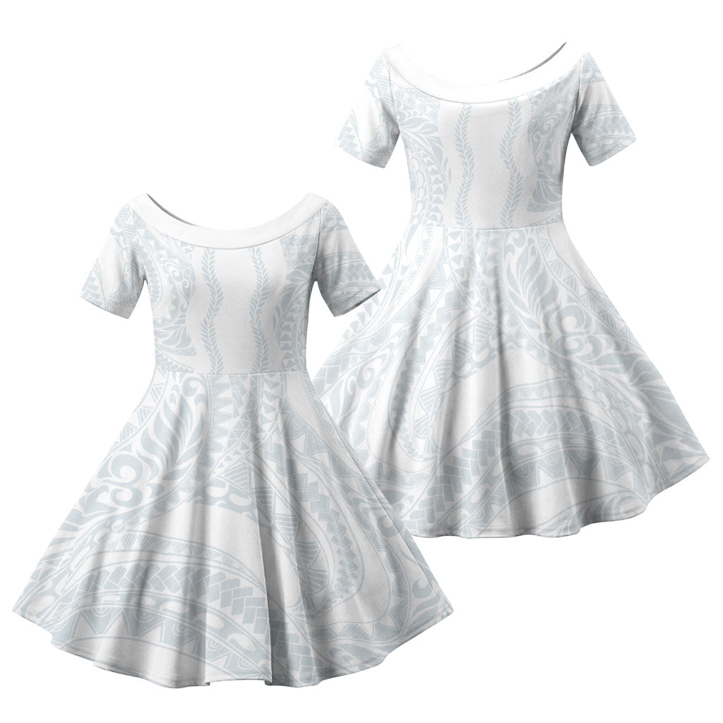 Samoa Lotu Tamaiti Family Matching Summer Maxi Dress and Hawaiian Shirt Teuila With Tribal Motifs LT05 Daughter's Dress White - Polynesian Pride