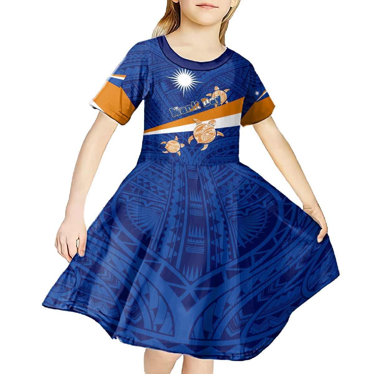 Personalized Marshall Islands Kid Short Sleeve Dress Manit Day Coat Of Arms With Polynesian Turtle LT05 - Polynesian Pride