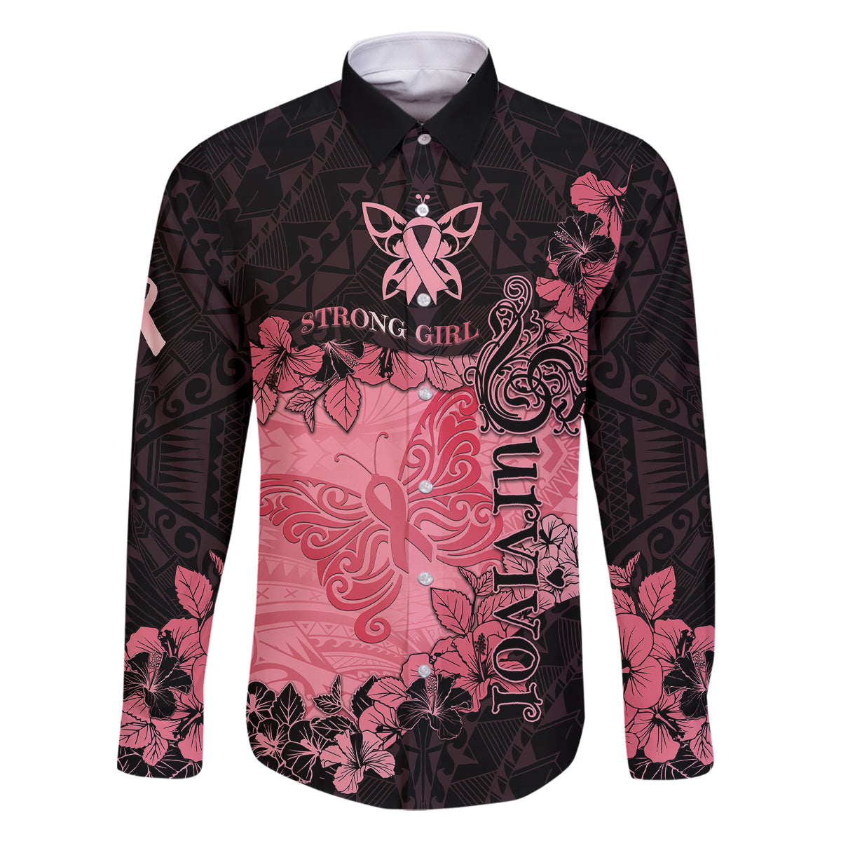 Breast Cancer Family Matching Off Shoulder Maxi Dress and Hawaiian Shirt Survivor Polynesian Ribbon Butterfly LT05 Dad's Shirt - Long Sleeve Pink - Polynesian Pride