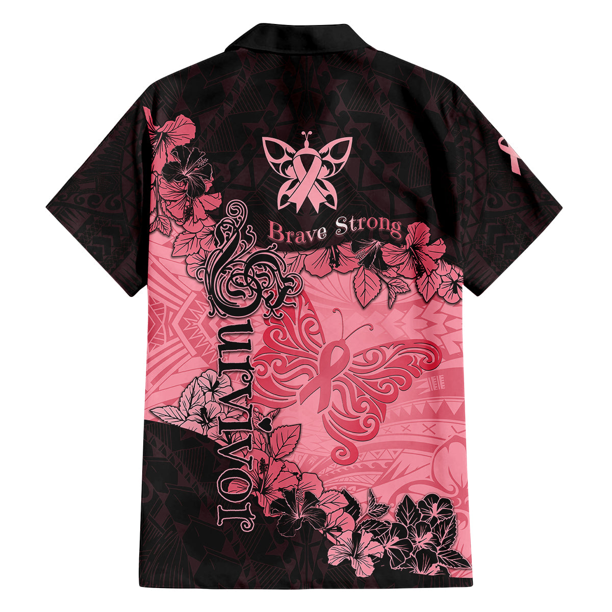 Breast Cancer Family Matching Puletasi Dress and Hawaiian Shirt Survivor Polynesian Ribbon Butterfly LT05 - Polynesian Pride