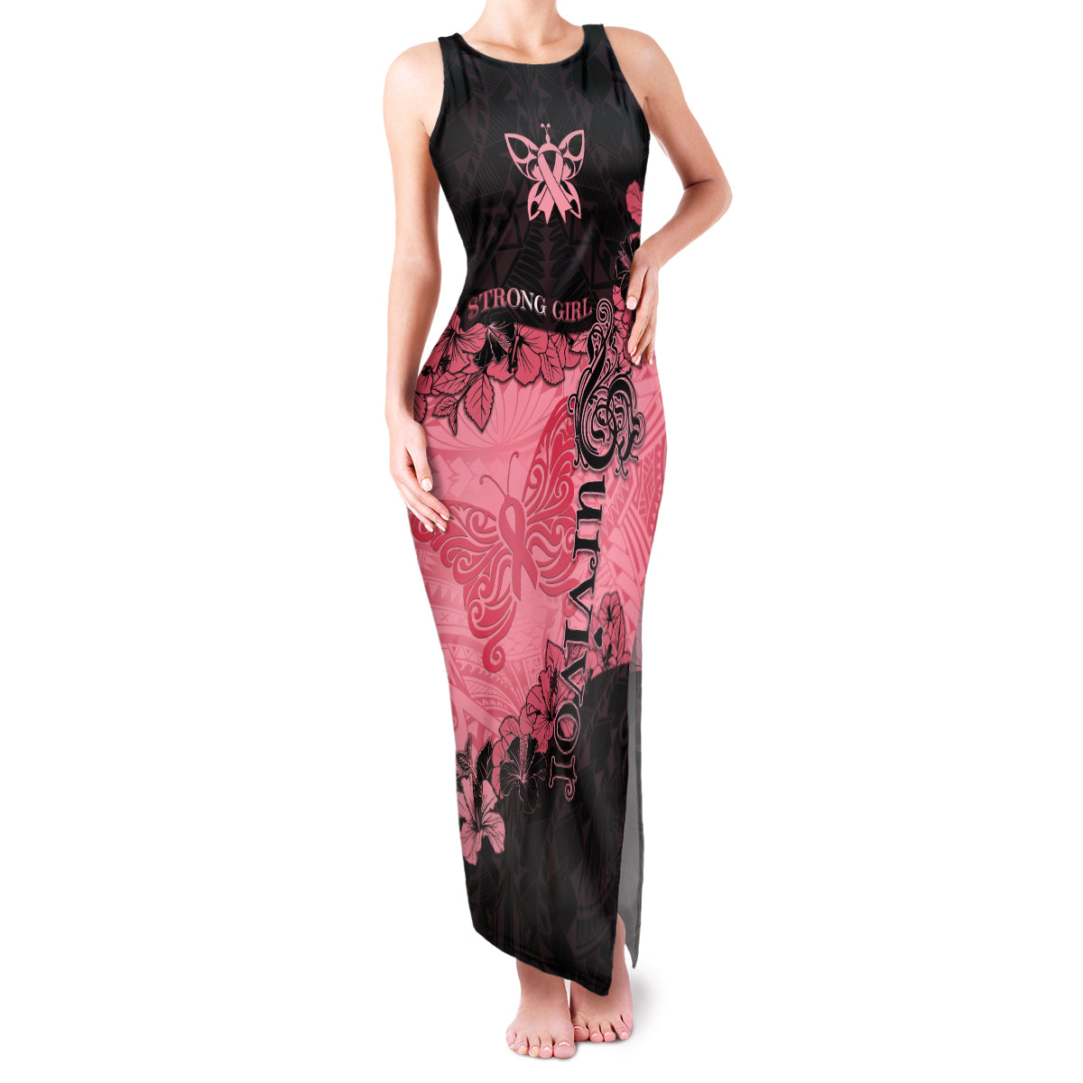 Breast Cancer Family Matching Tank Maxi Dress and Hawaiian Shirt Survivor Polynesian Ribbon Butterfly LT05 Mom's Dress Pink - Polynesian Pride