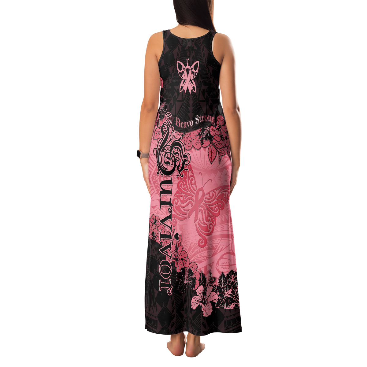 Breast Cancer Family Matching Tank Maxi Dress and Hawaiian Shirt Survivor Polynesian Ribbon Butterfly LT05 - Polynesian Pride