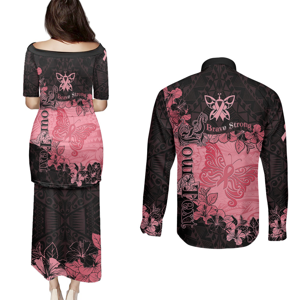 Personalized Breast Cancer Couples Matching Puletasi Dress and Long Sleeve Button Shirts Survivor Polynesian Ribbon Butterfly LT05 - Polynesian Pride