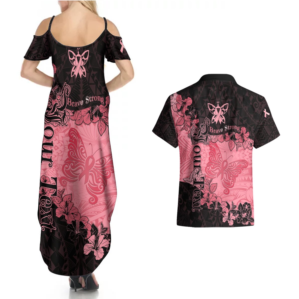 Personalized Breast Cancer Couples Matching Summer Maxi Dress and Hawaiian Shirt Survivor Polynesian Ribbon Butterfly LT05 - Polynesian Pride
