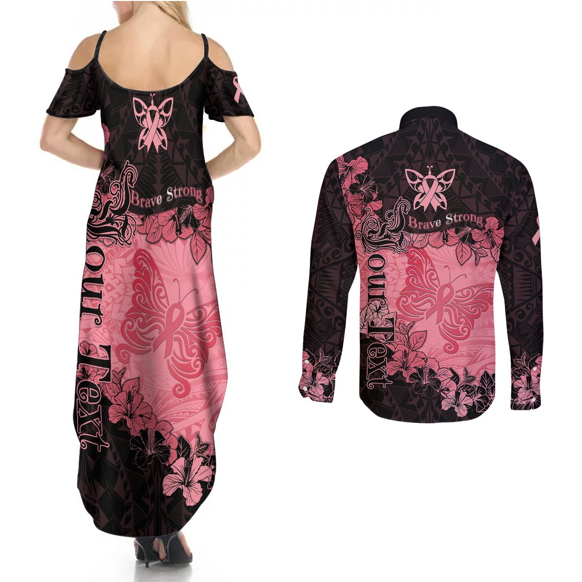 Personalized Breast Cancer Couples Matching Summer Maxi Dress and Long Sleeve Button Shirts Survivor Polynesian Ribbon Butterfly LT05 - Polynesian Pride