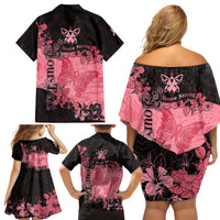 Personalized Breast Cancer Family Matching Off Shoulder Short Dress and Hawaiian Shirt Survivor Polynesian Ribbon Butterfly LT05 - Polynesian Pride